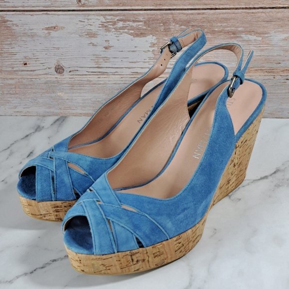 Stuart Weitzman Shoes - Stuart Weitzman Cork Wedge Slingback Blue Suede Peep Toe Sandals Women's Sz 7 M